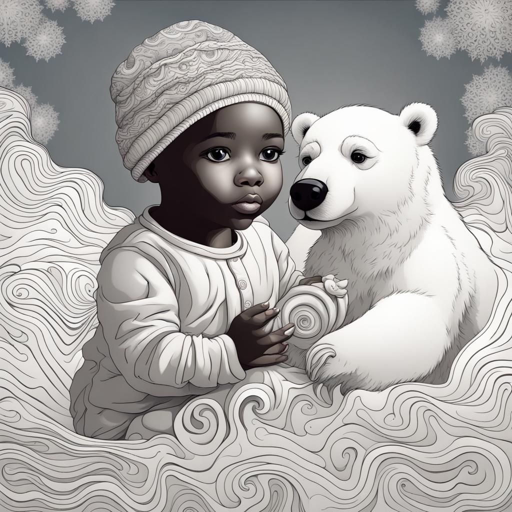African American Toddler and Polar Bear with Big Eyes