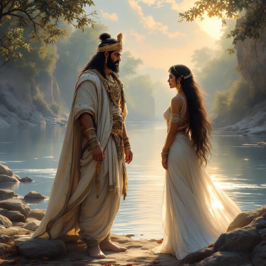 Ancient Indian King and Queen in Serene Riverbank Conversati...