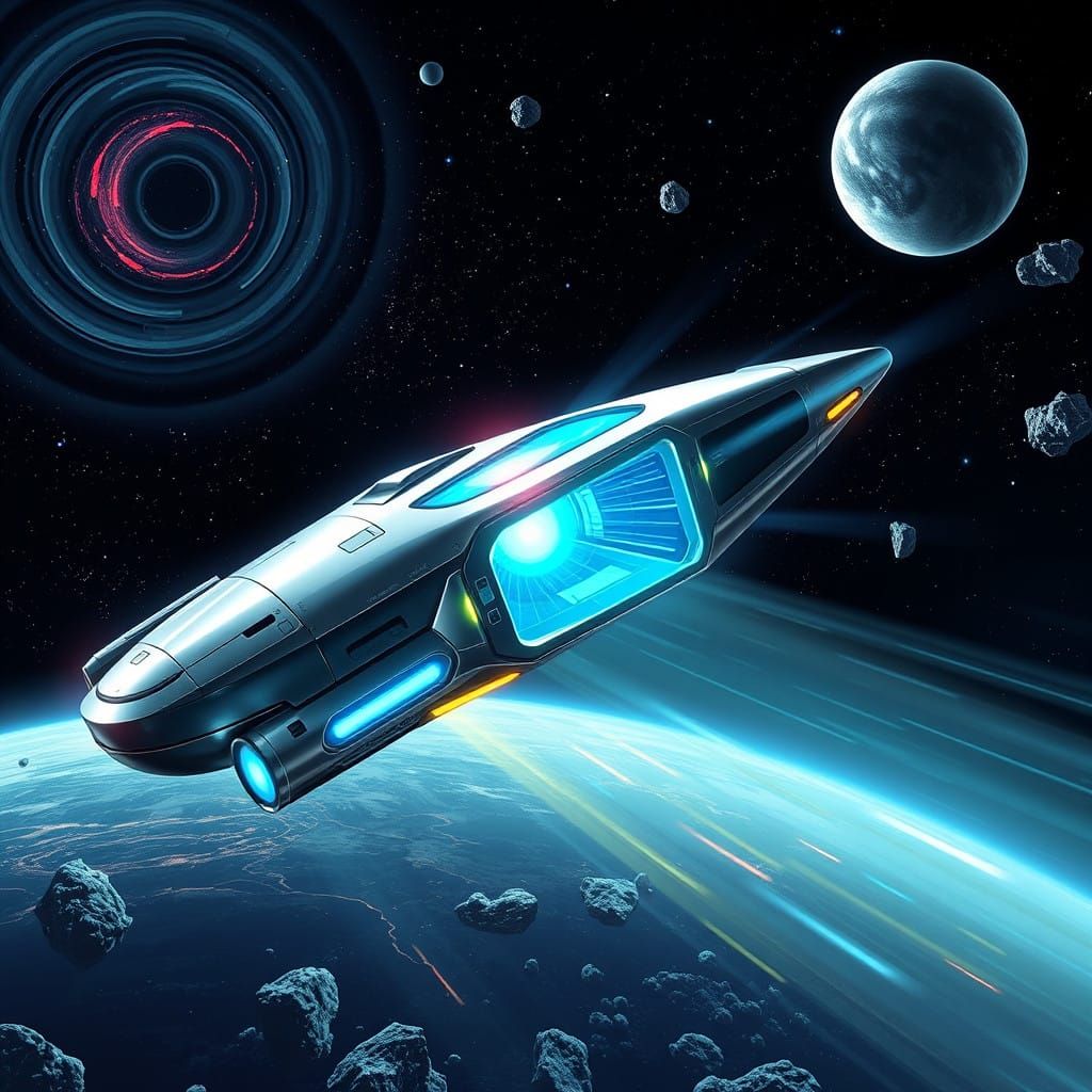 Gleaming Metallic Spaceship Projects Neon Wanted Poster into...