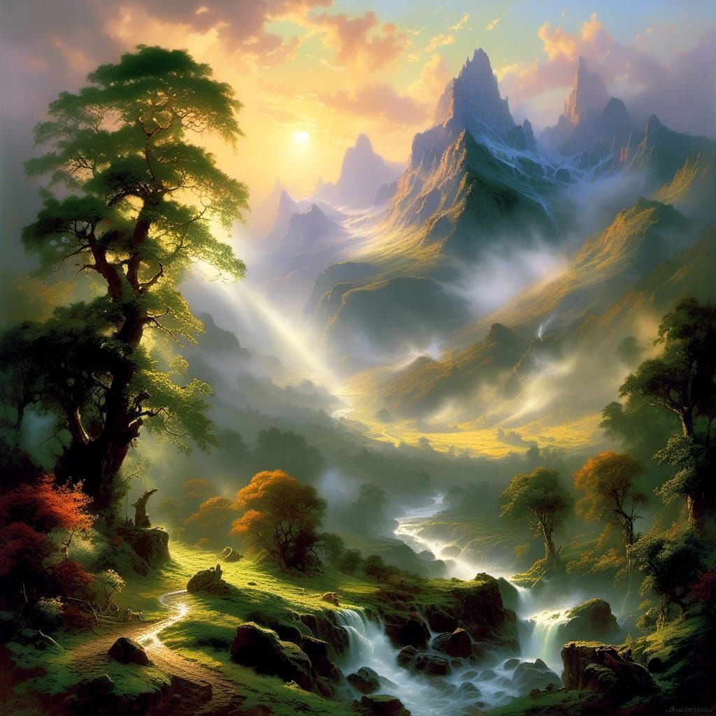 Ossiriand's Golden Sunrise: Ethereal Fantasy Landscape