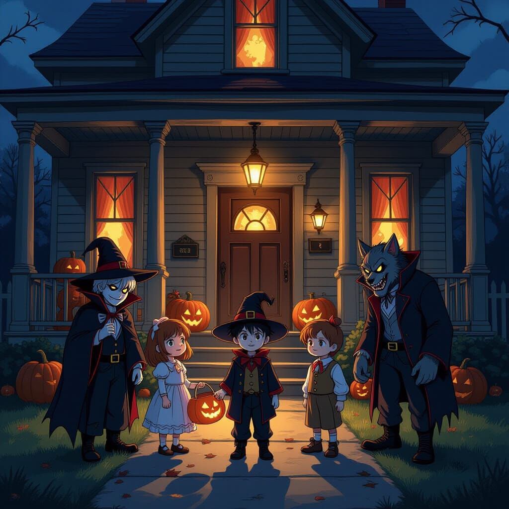 Child-Sized Monsters Trick-Or-Treating At Haunted House