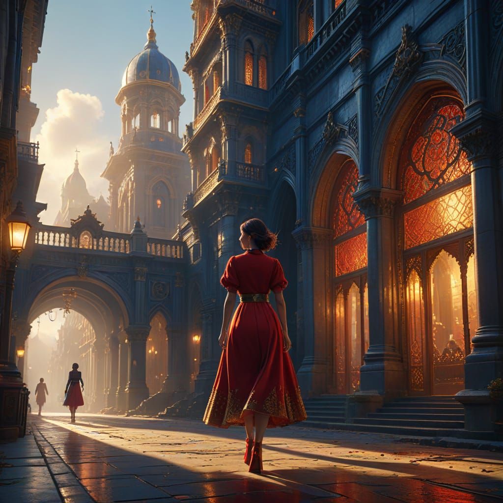 Woman in Red Shoes, Fantasy Cityscape