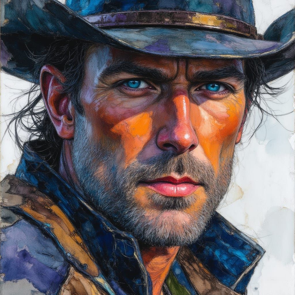 Rugged Cowboy Portrait in Color Pencil Sketch Style