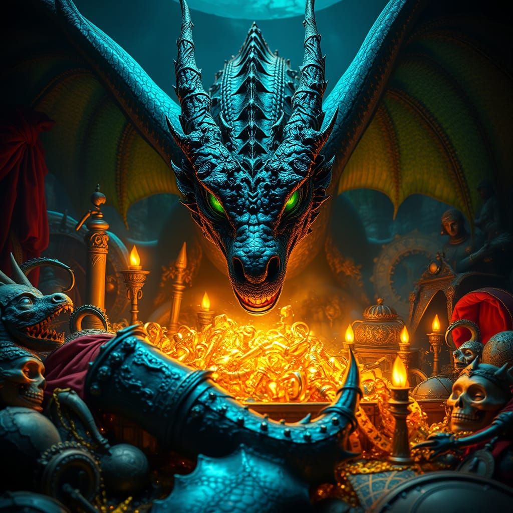 Majestic Dragon Surrounded by Ancient Treasures in Dark Fant...