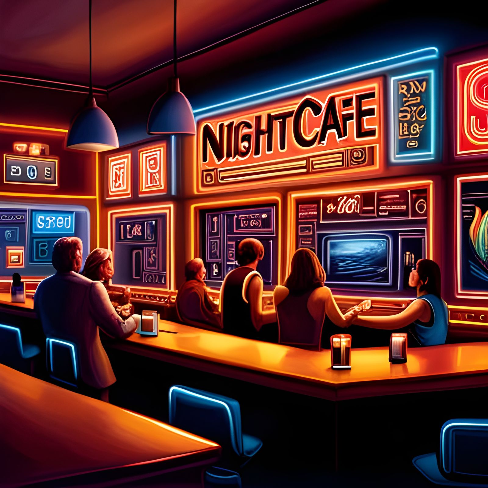 Futuristic Bar Scene with Neon Sign, Hyperrealistic Art