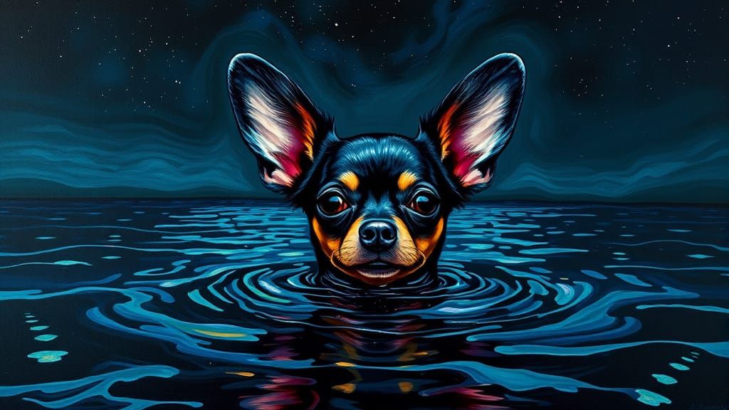 Colossal Chihuahua Swims in Iridescent Sea: Impasto Van Gogh...