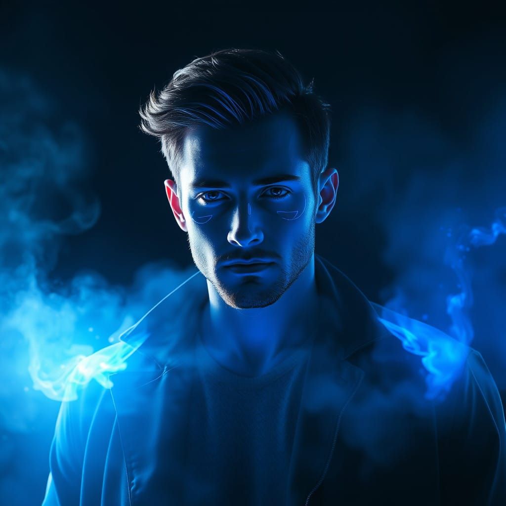 Ethereal Blue Hunk Amidst Celestial Smoke