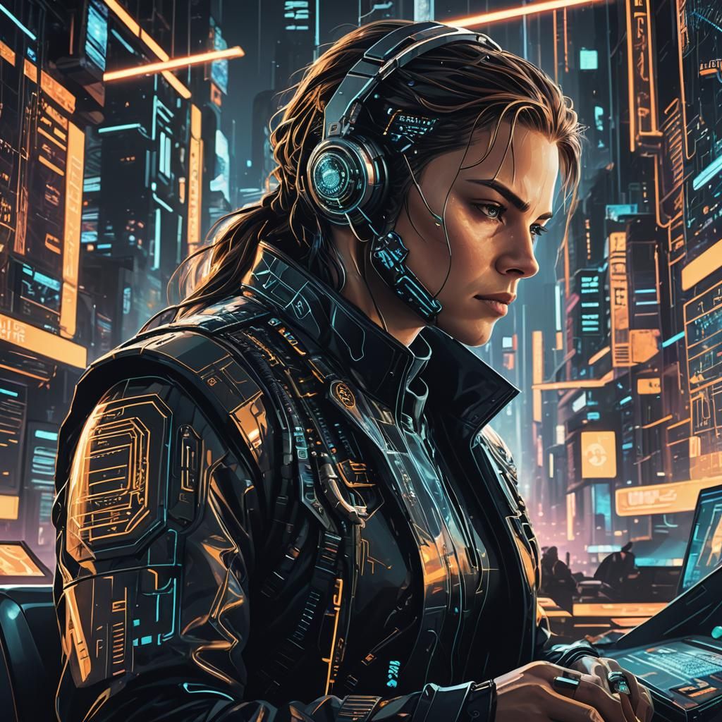 Dystopian Futurism: Software Developer Coding in Cyberpunk C...