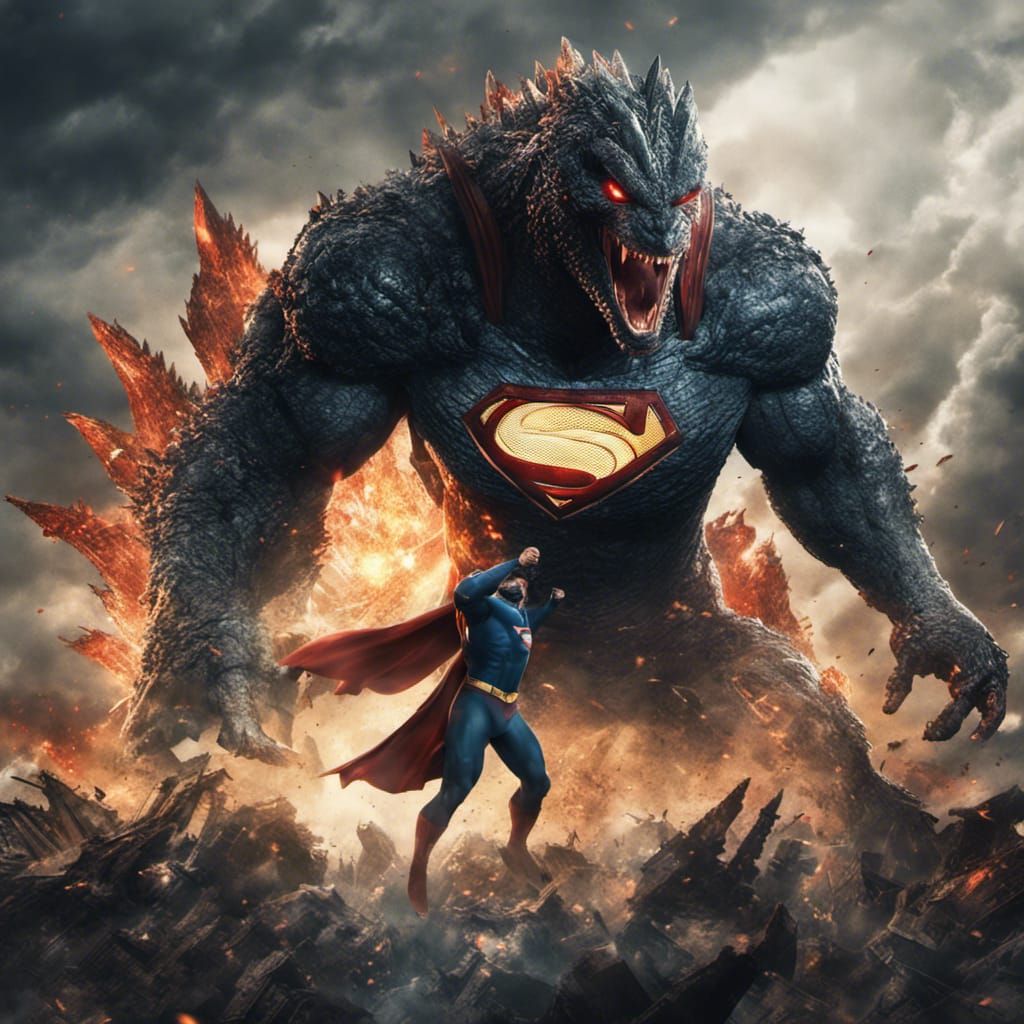 Superman vs Godzilla in Apocalyptic Digital Art