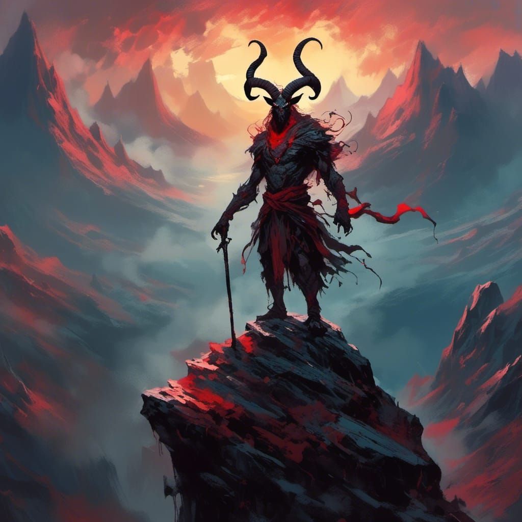 Goatman Warrior on Mountain Peak in Dark Fantasy Style