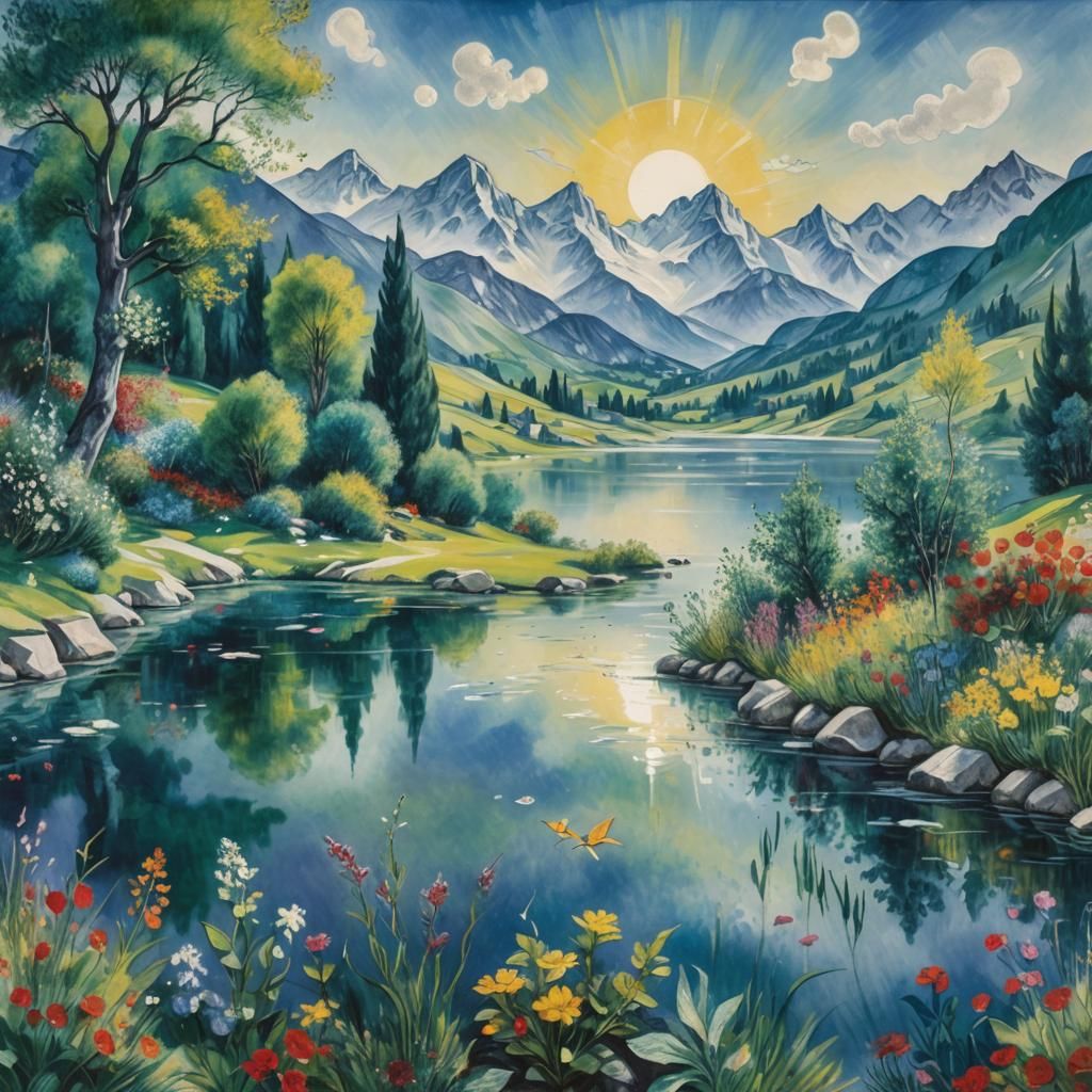 Alpine Lake: Fantasy Art in Chagall and McKinnon Style