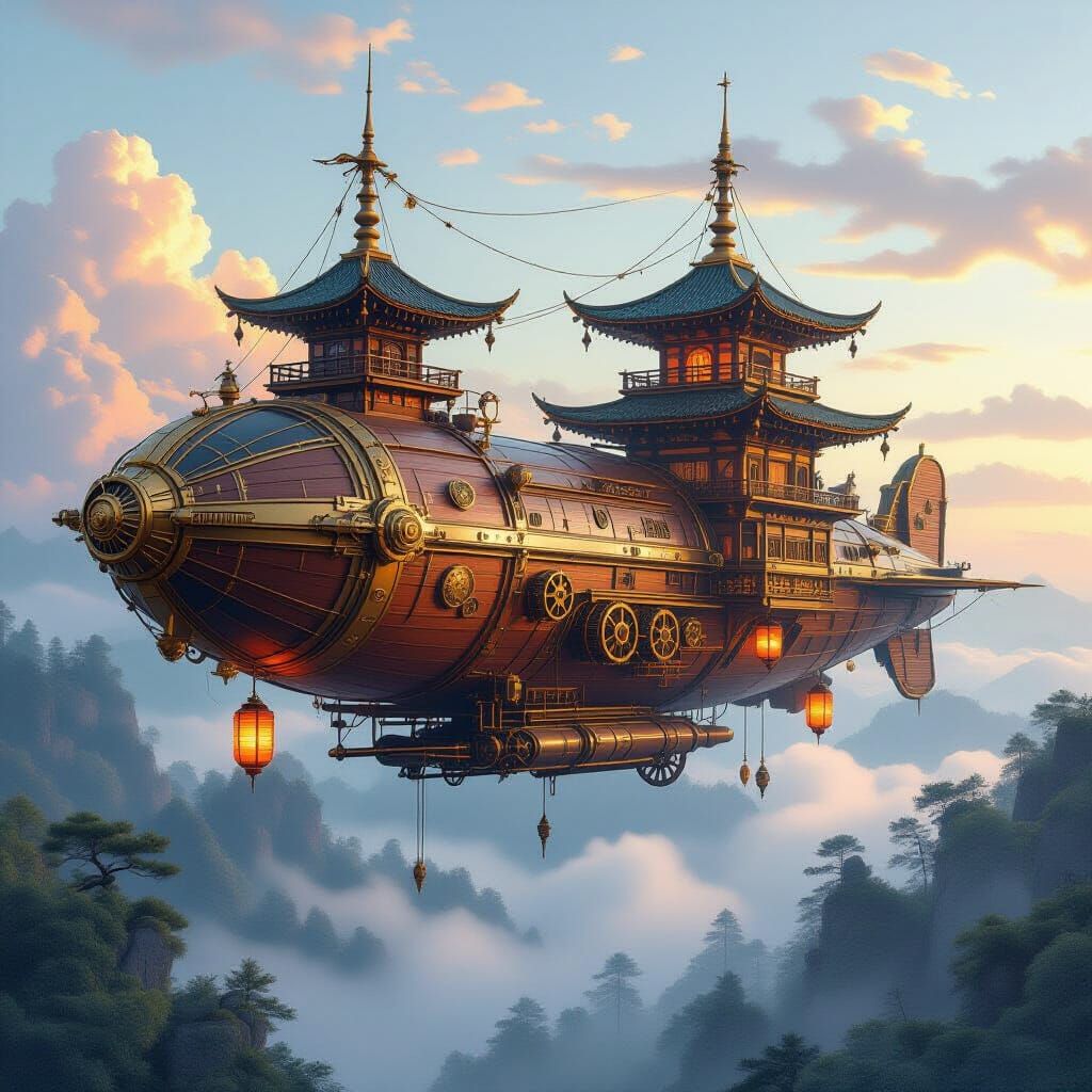 Steampunk Airship With Pagoda Design Above Ancient Forest