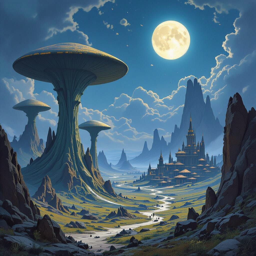 Alien Morrowind Landscape with Mushroom Flora and Dunmer Set...