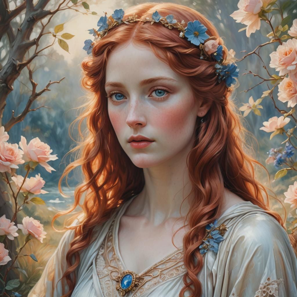 Aphrodite in Serene Landscape: A Raphaelite Painting