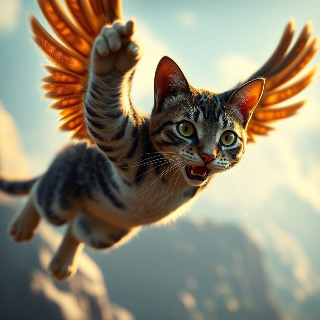Surreal Flying Feline Ascends to Epic Heights
