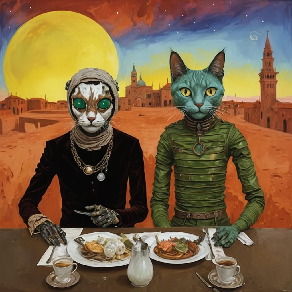 Surreal Humanoid Cats Dine in Post-Apocalyptic Venice