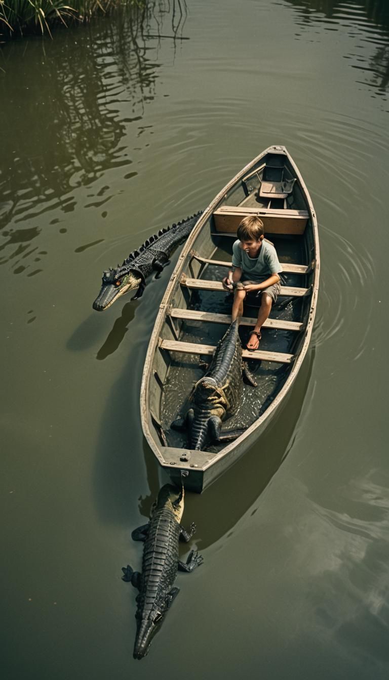 Boy and Dog Observe Alligator in Water