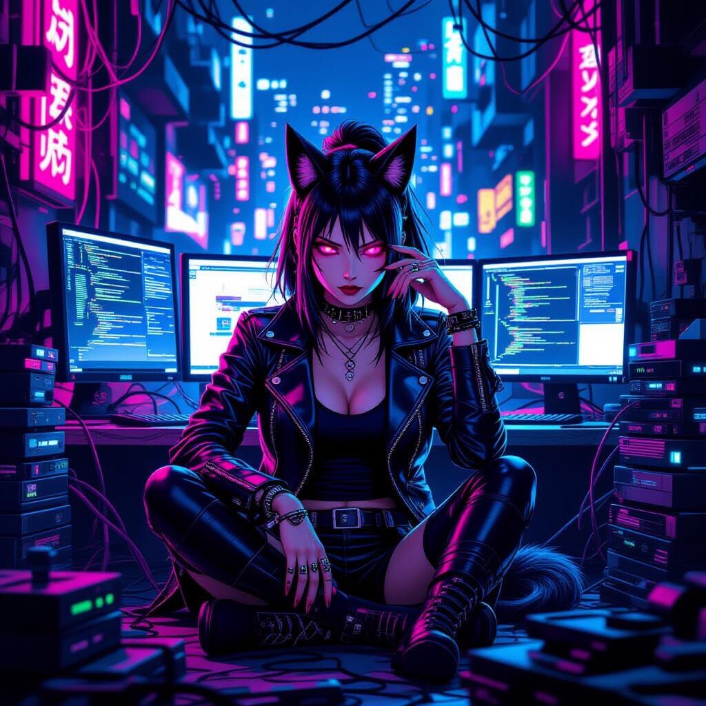 Kitsune, a notorious hacker, sits in her neon-lit hideout