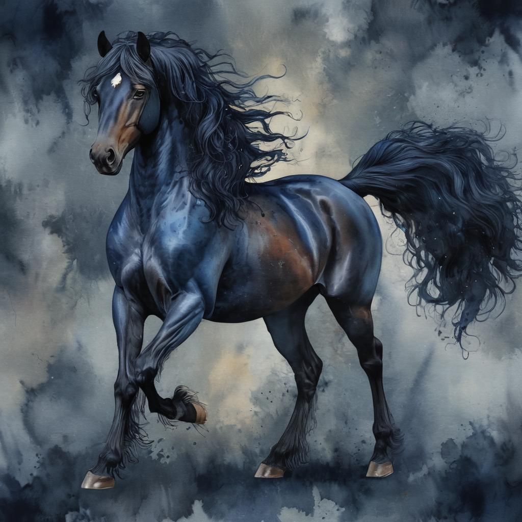 Friesian Mare in Liquid Ink Watercolor Style