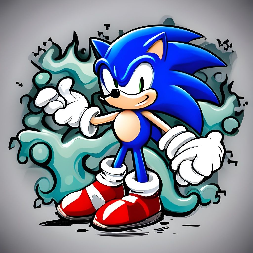 Sonic the hedgehog with blue body, two feet, two arms graffi...