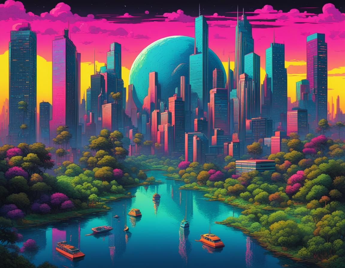 Utopian World with Floating Cities in Neon Colors