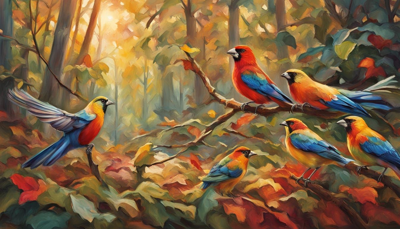 Colorful Birds in a Vibrant Impressionist Forest