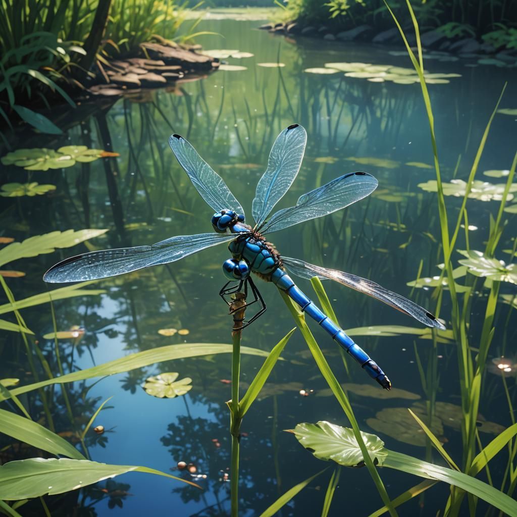 Dragonfly on Pond: Anime-Inspired Macrophotography