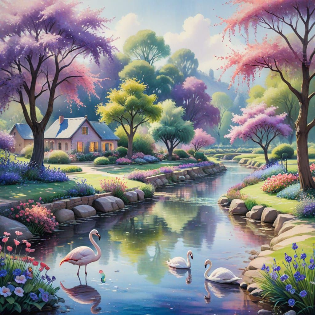 Serene Watercolor Village with Vibrant Gardens and River