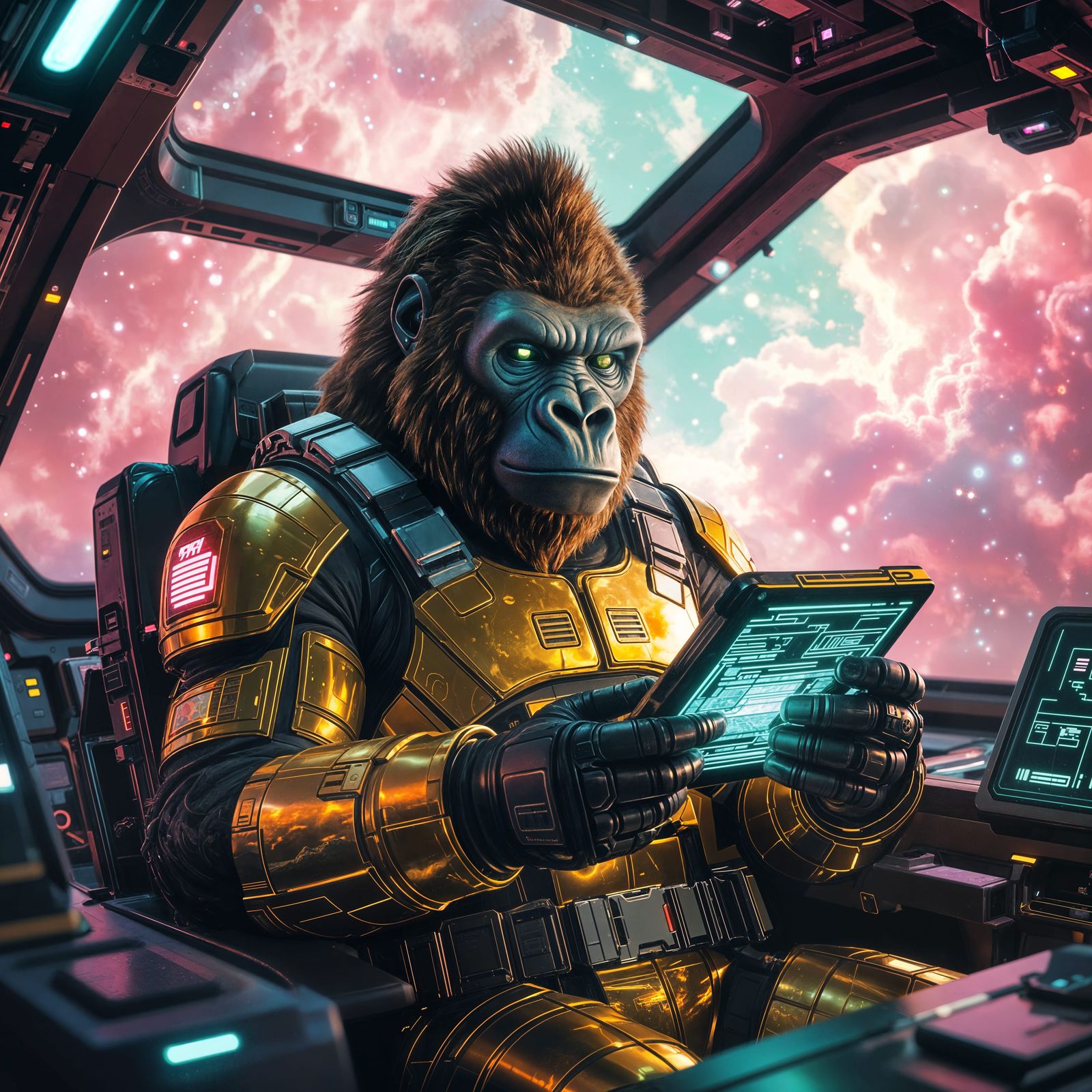 Golden Gorilla Pilot in Spaceship Cockpit
