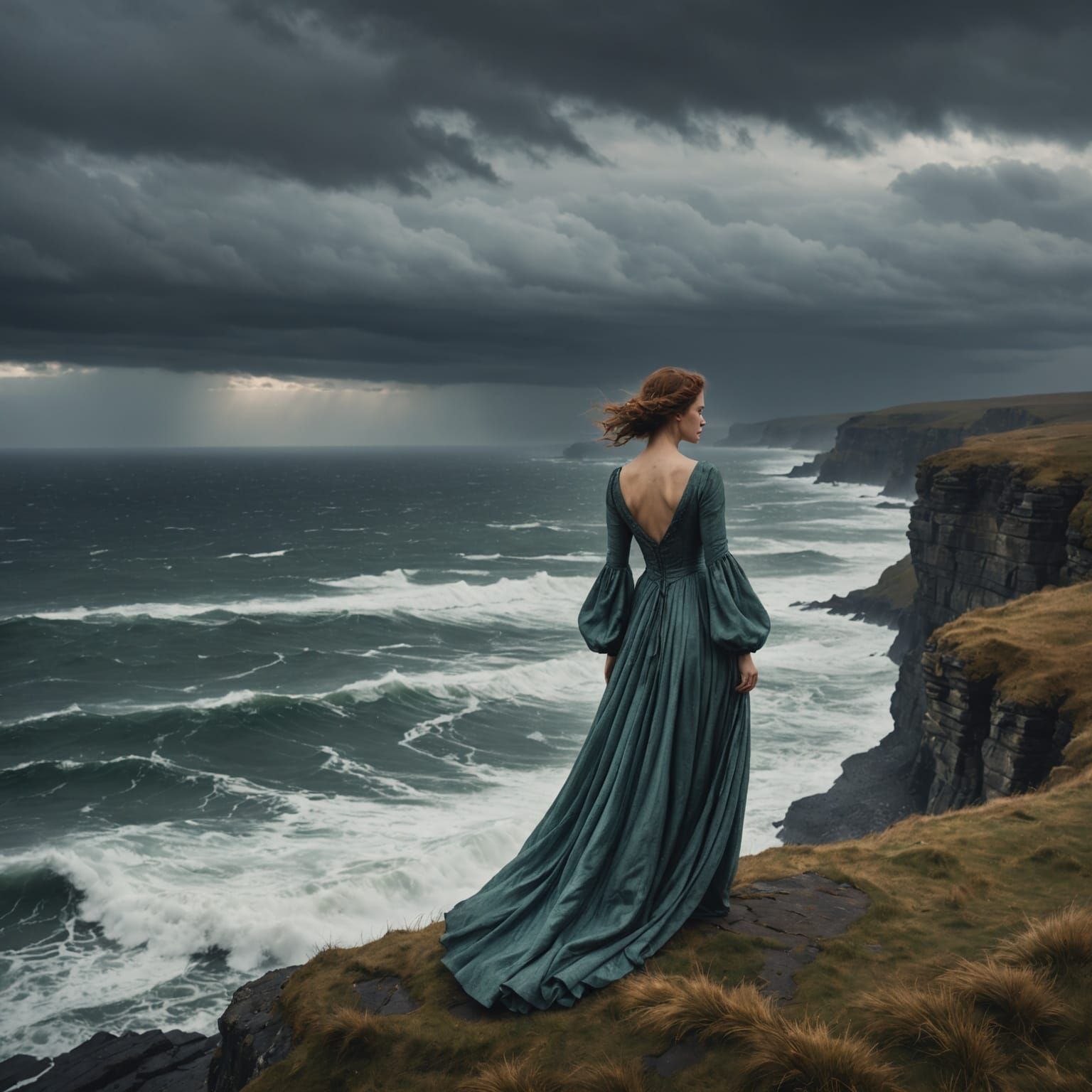 Solitary Woman on Windswept Cliff, Art Nouveau Style