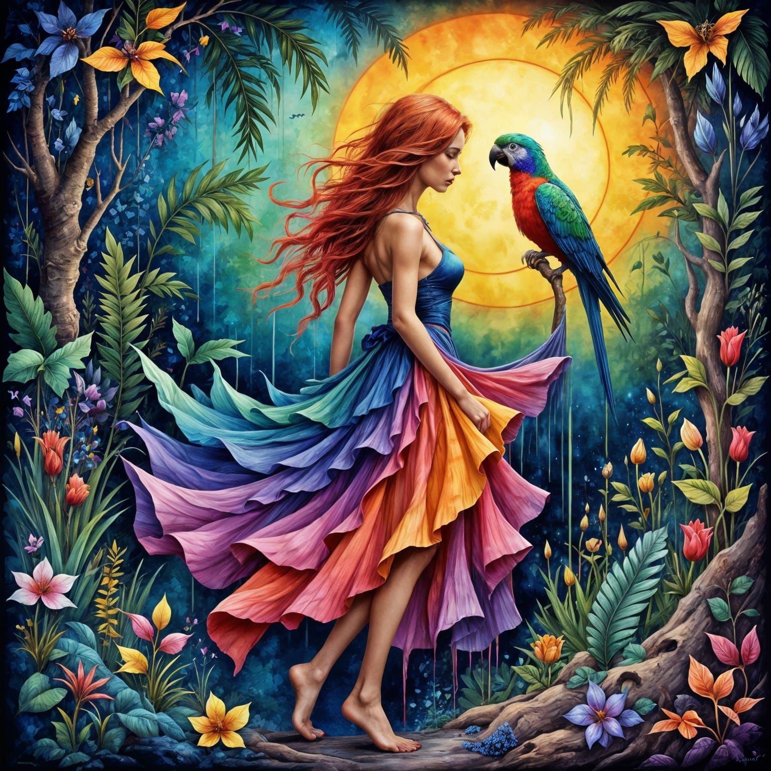 Woman and Parrot in Abstract Forest Under Full Moon