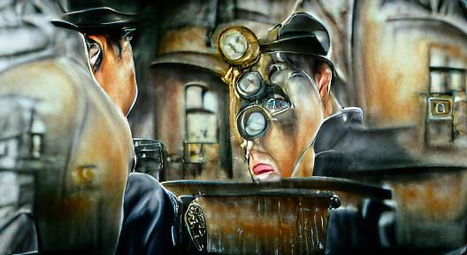 Steampunk Film Noir Scene in Watercolor