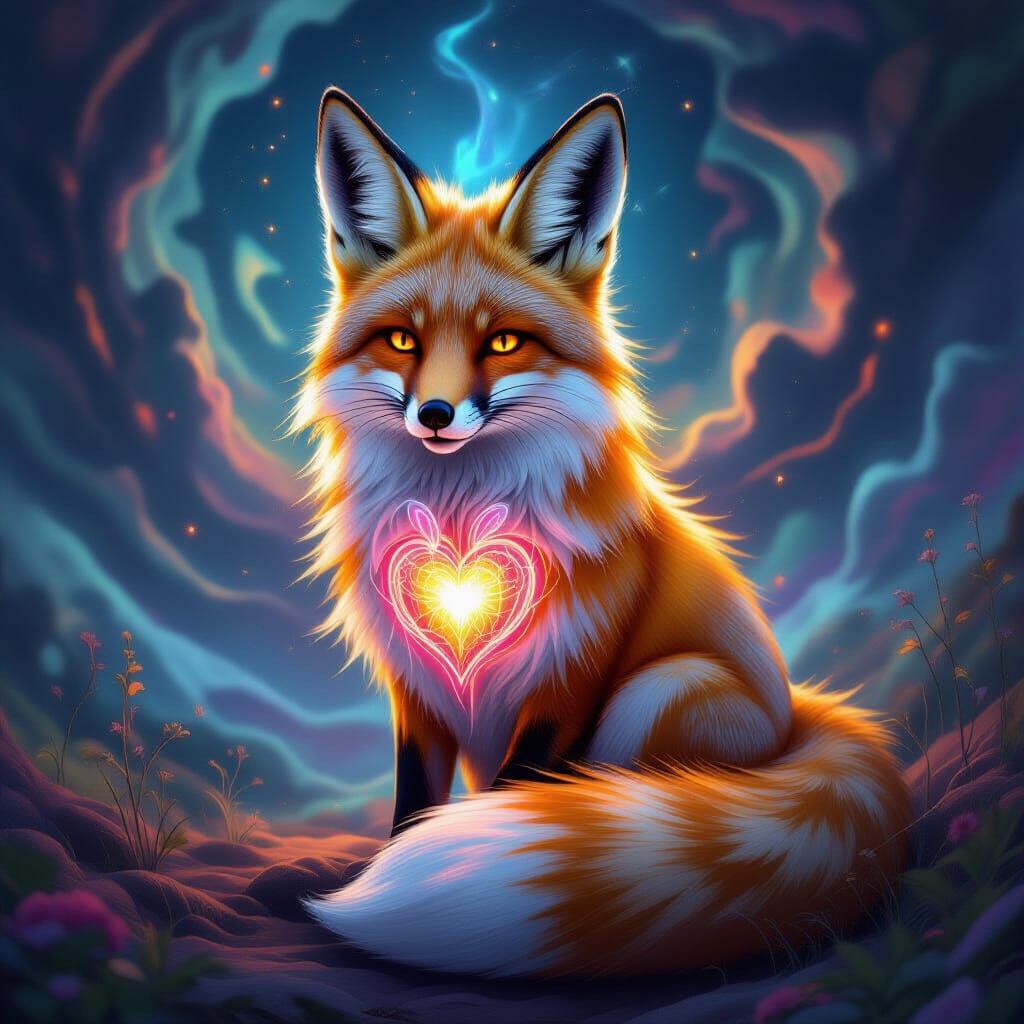 Mystical Fox With Rabbit Heart Digital Painting