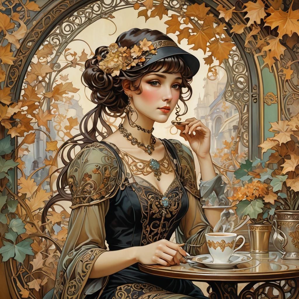 Charming Cafe Noir: An Art Nouveau Oil Painting