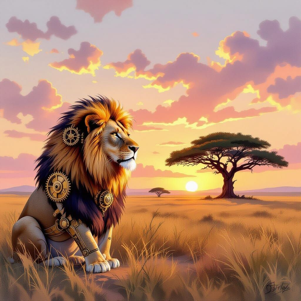 Steampunk Lion on Savanna at Sunset