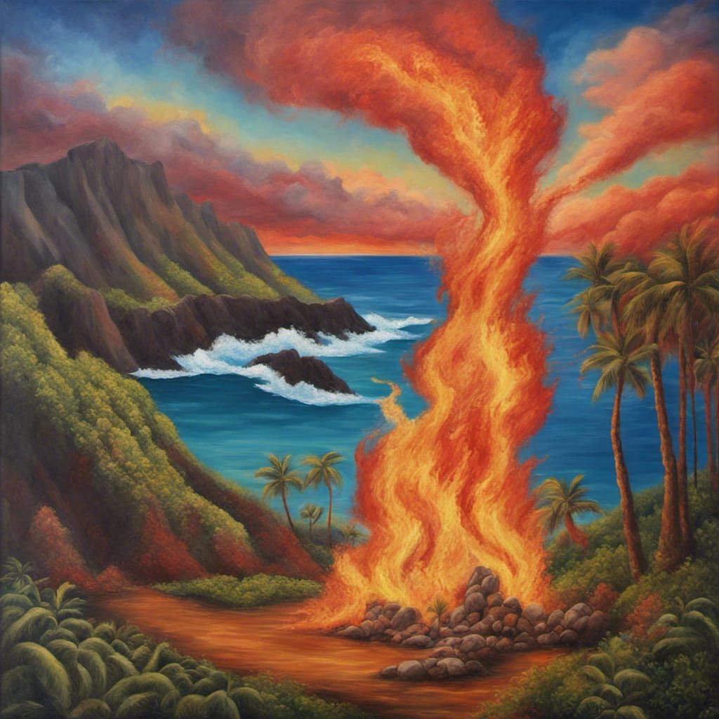 Surreal Hawaii Wildfire in Oil Painting Style