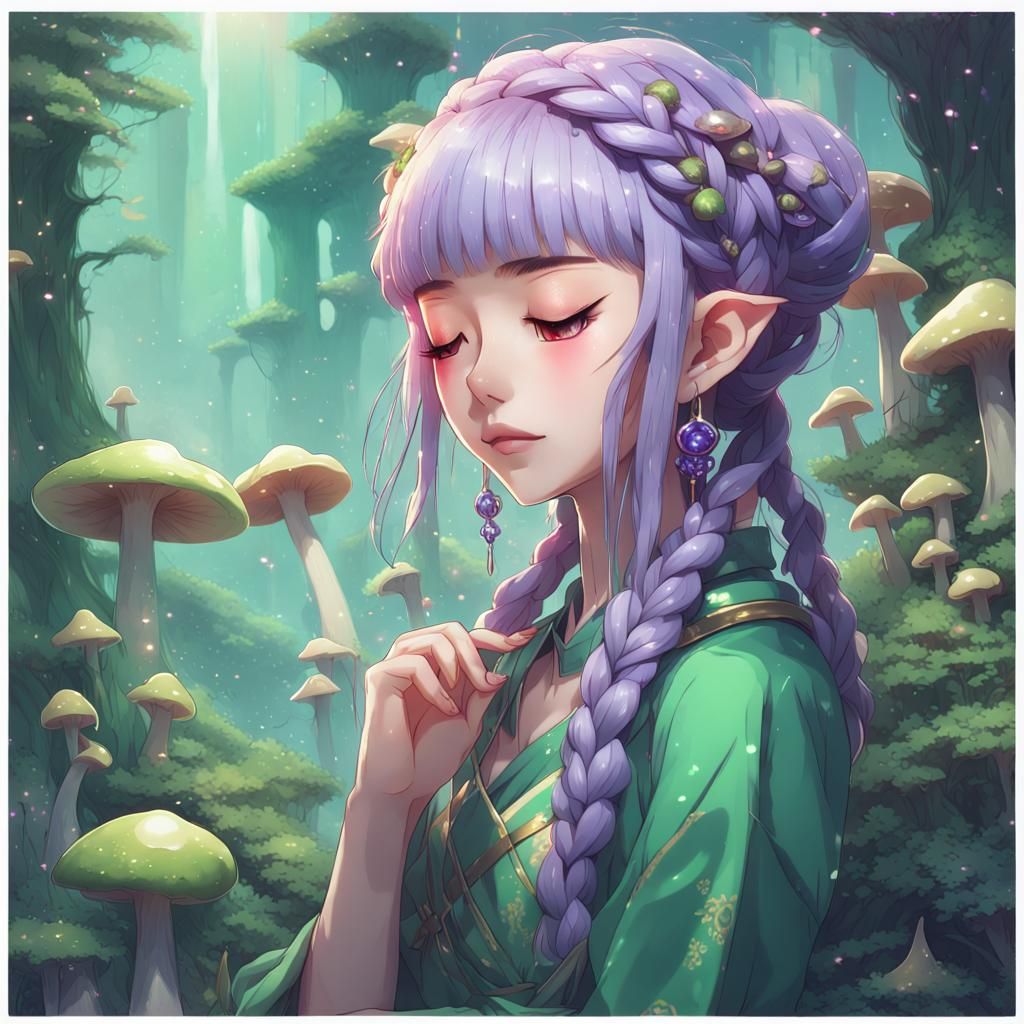 Anime Girl with Elf Ears and Purple Mushrooms