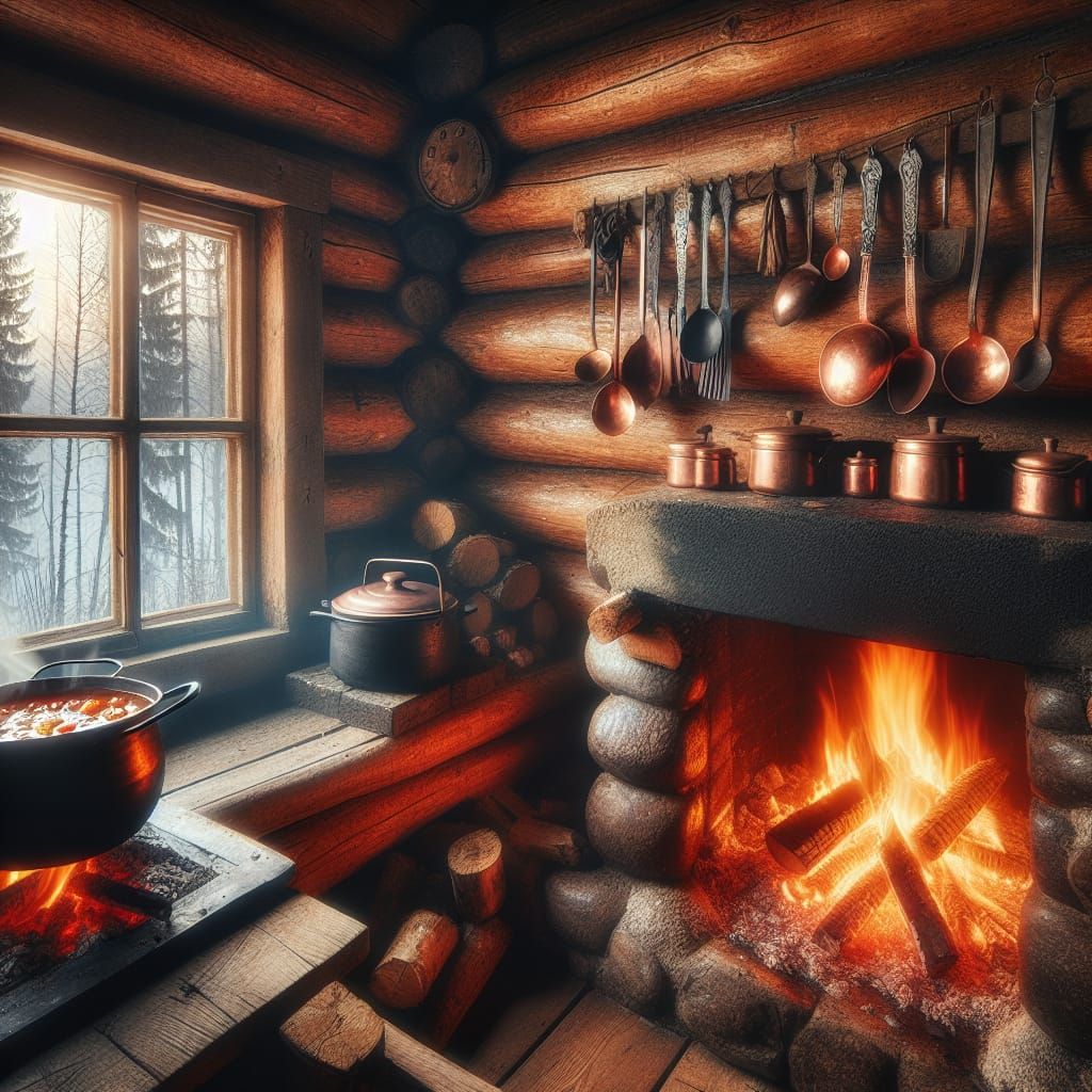Cozy Cabin Interior in Winter Forest