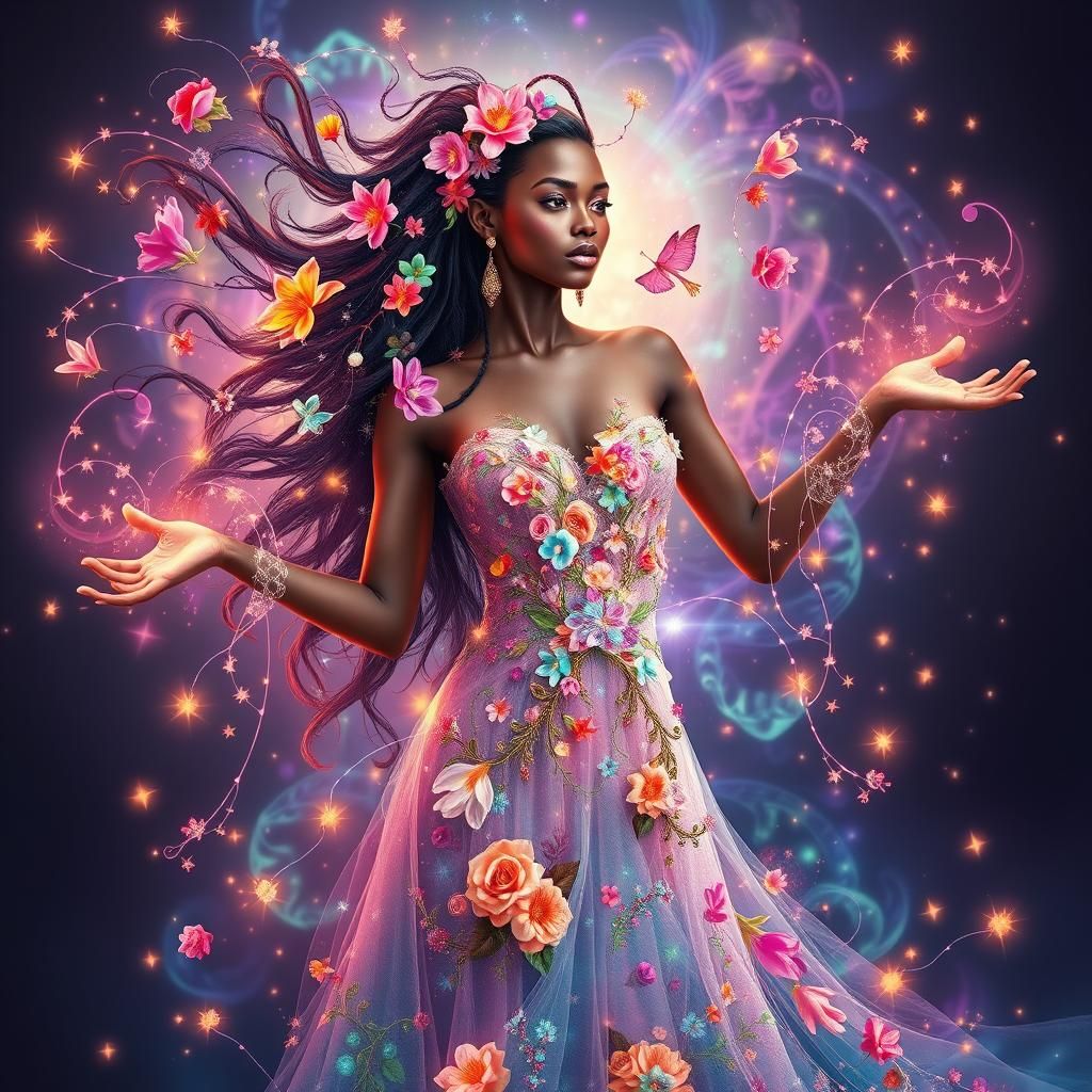 Celestial Ebony Goddess in Fractal Floral Dreamscape