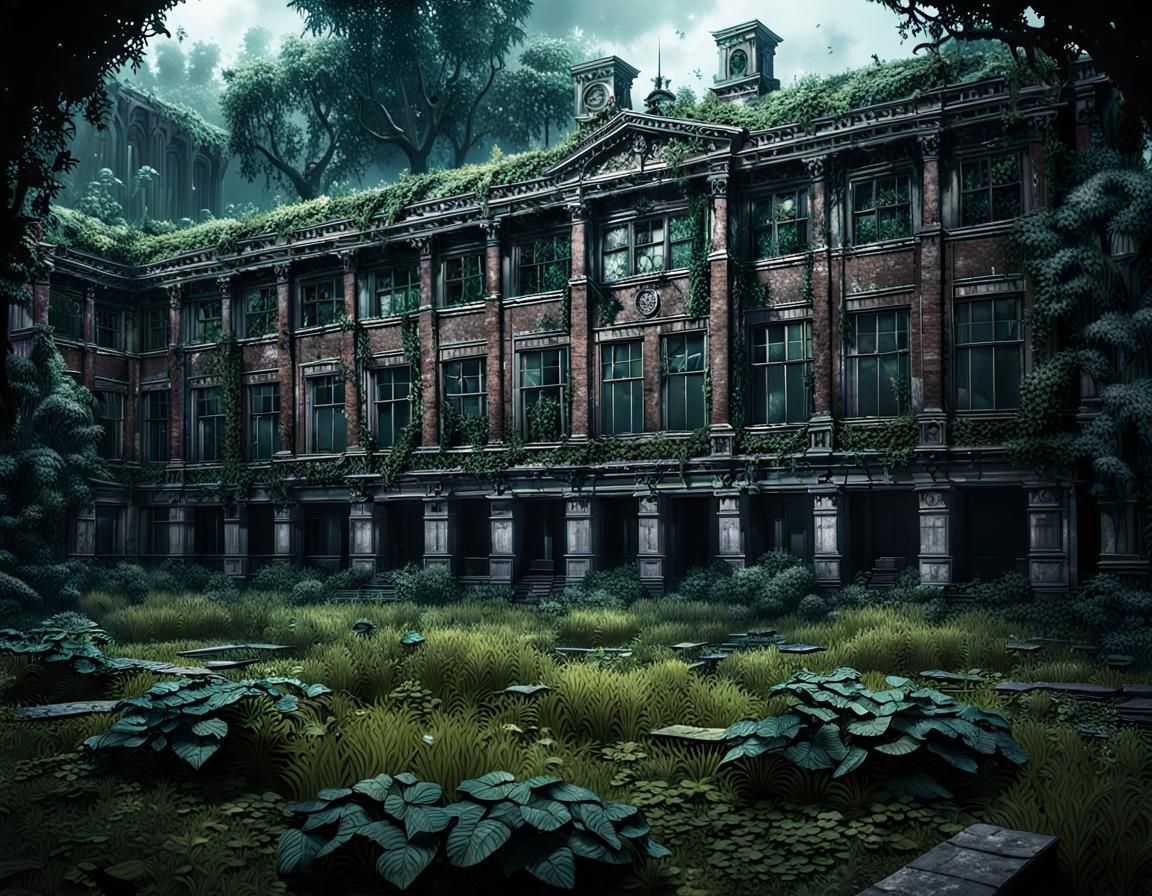 Abandoned Dark Academia College in Overgrown Landscape