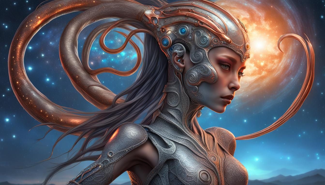 gorgeous female humanoid alien, silver skin, slender muscular warrior looking over her shoulder at the sky, tentacles, c...