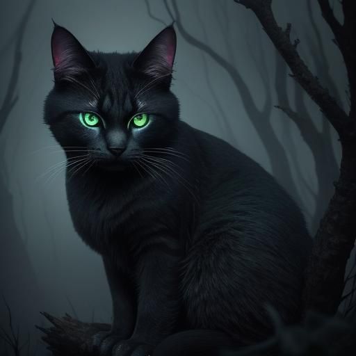 Eerie Forest Cat with Glowing Eyes: Dark Fantasy
