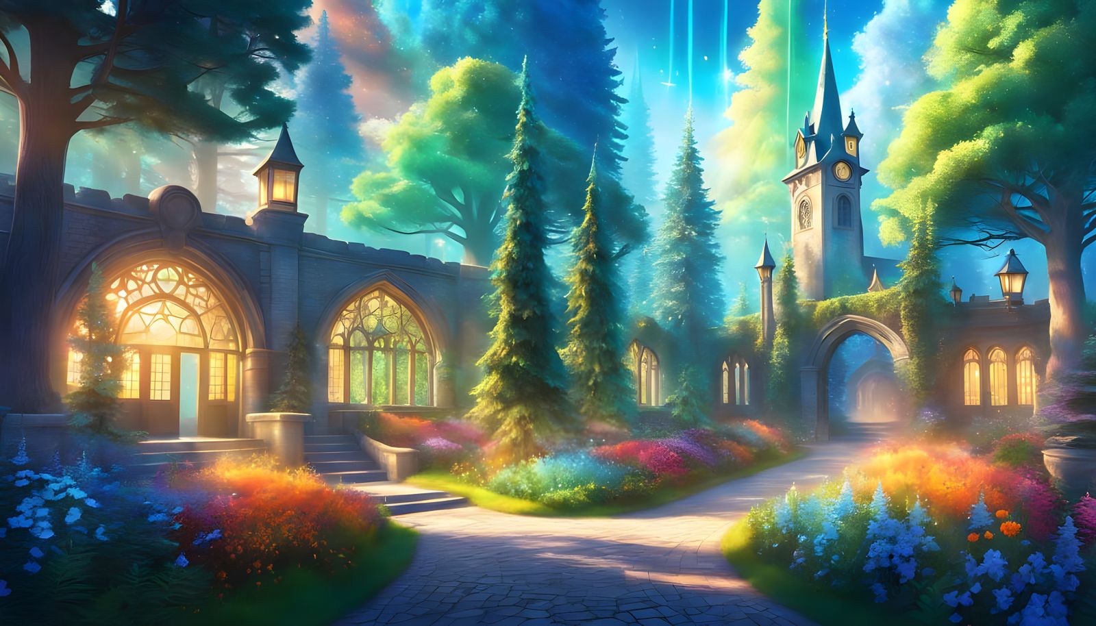 Magical School Alley with Spruce Trees and Flowers