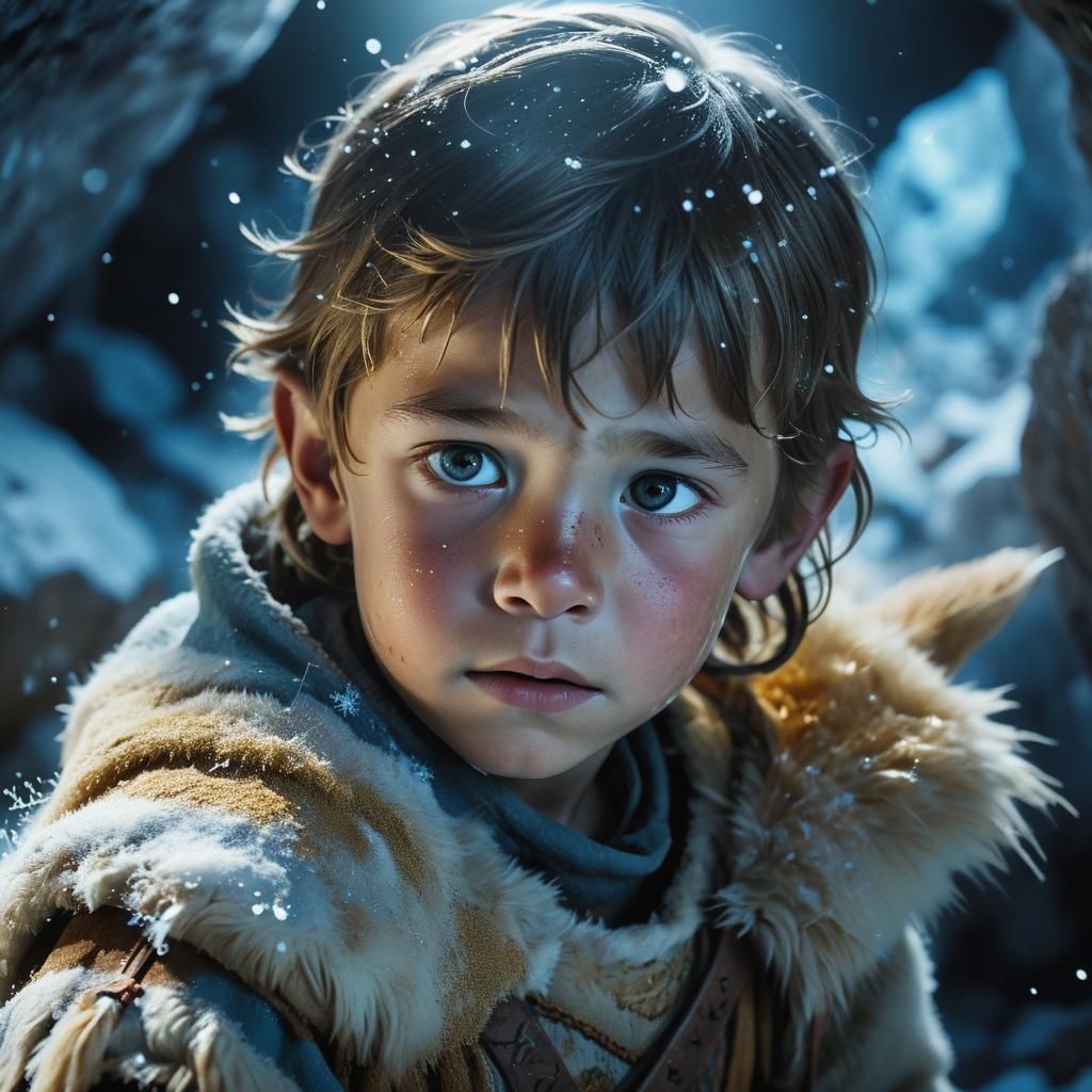 Viking Child Sheltering in Snowy Cave