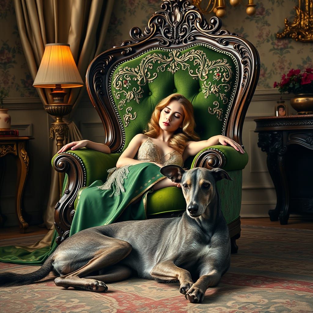 Ethereal Woman in Opulent Baroque Chair with Regal Green Vel...