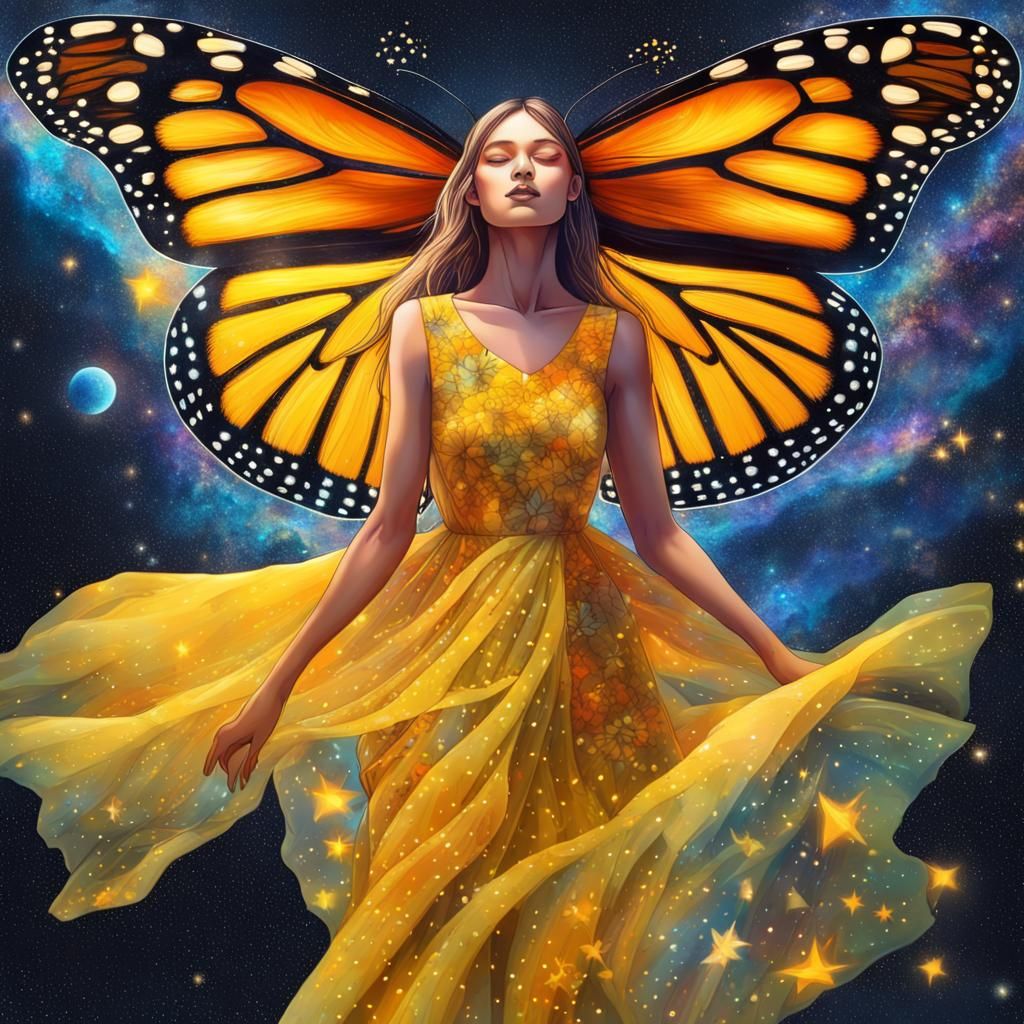 Monarch Butterfly Carries Girl Across Starry Sky