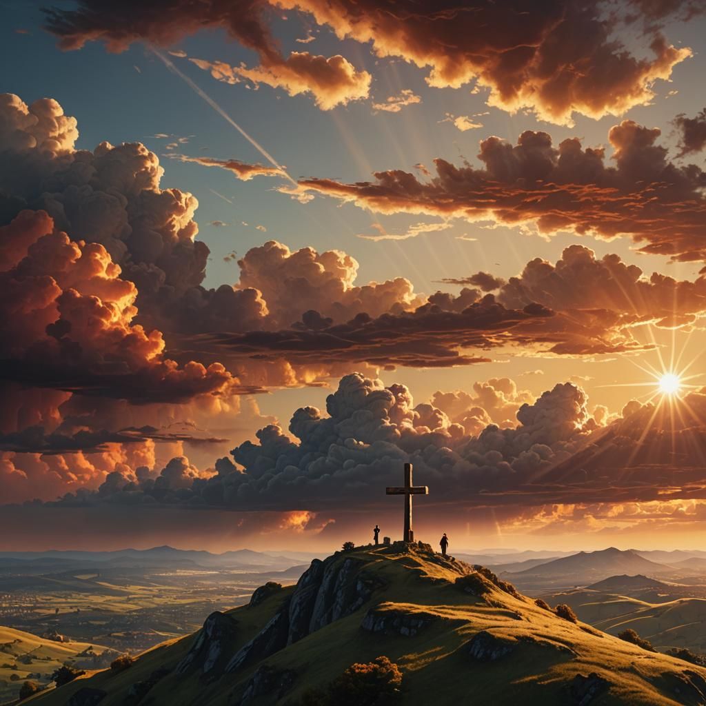 Dramatic Cross on Hill at Sunset
