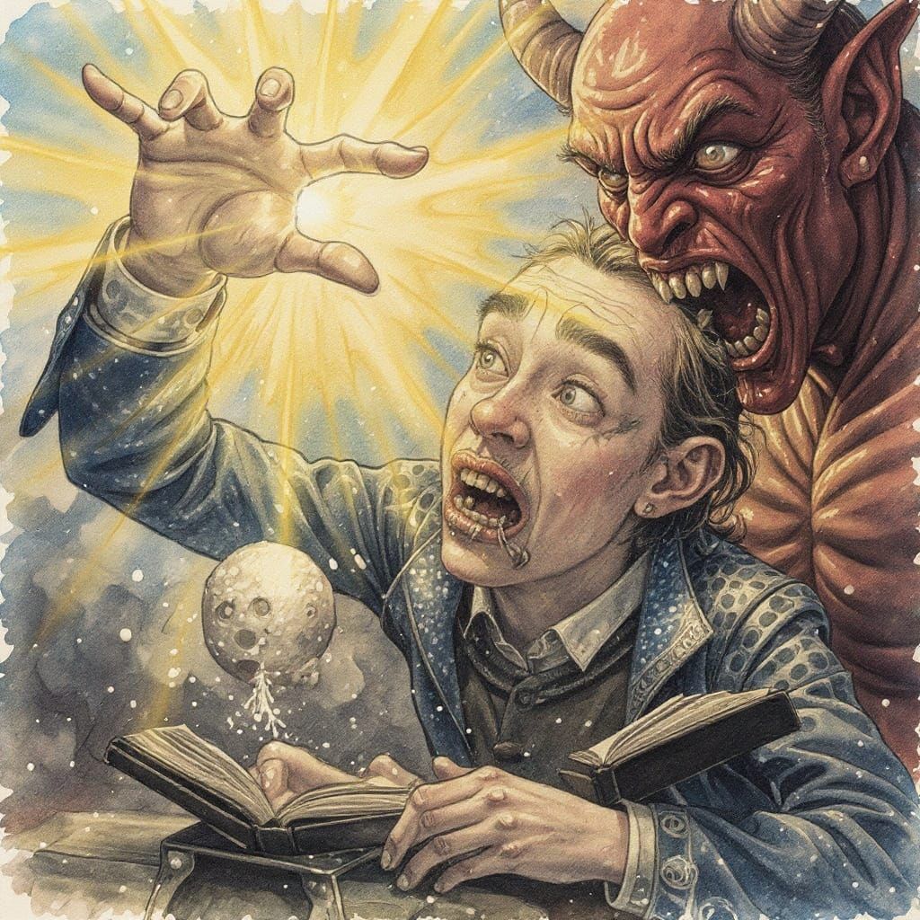 Man Between Light and Evil in Watercolor Style