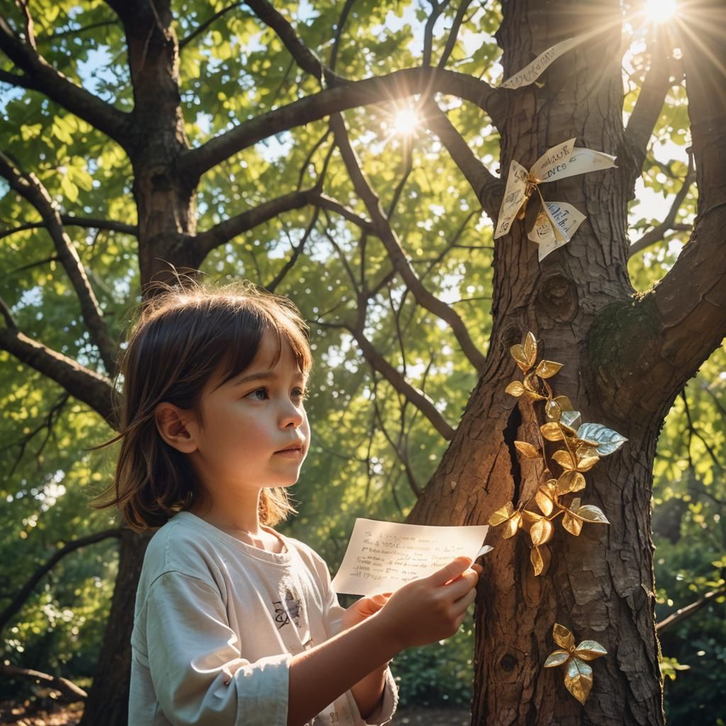 Radiant Treasure Scene Inside Tree with Child