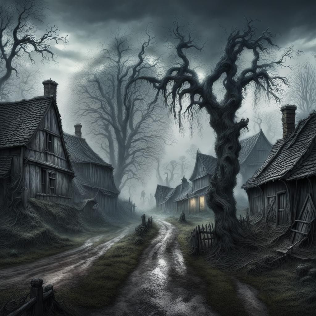 Misty Horror: Haunted Village in Hyperrealistic Style